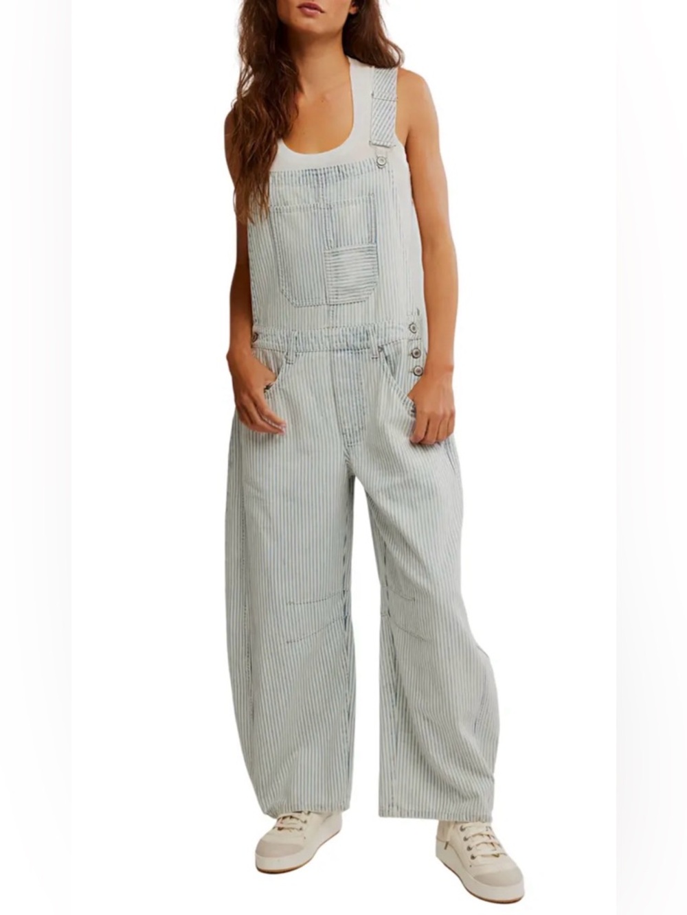 Free people Good Luck stripe barrel overalls $168